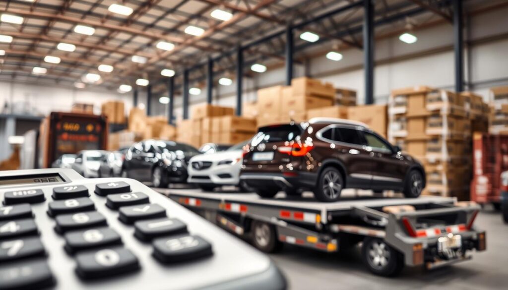 A detailed scene capturing the concept of car shipping costs. In the foreground, a close-up of a professional-looking calculator with numbers visible, representing calculations of shipping expenses. In the middle ground, various vehicles, such as sedans and SUVs, are lined up on a transport truck, showcasing the process of auto shipping. The background includes a large warehouse with stacks of boxes and shipping logistics equipment. The lighting is bright and industrial, emphasizing a busy but organized atmosphere. The angle is slightly elevated, providing a comprehensive view of the scene. The overall mood conveys professionalism and efficiency, suitable for illustrating the intricacies of car shipping pricing.