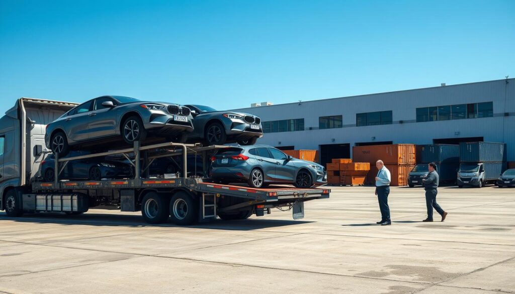 A detailed scene depicting the car shipping process, showcasing a large, modern car transport truck in the foreground loaded with several vehicles securely fastened. The middle ground features a transport yard bustling with activity; a worker in professional attire is inspecting a vehicle, while another is discussing logistics with a client. In the background, logistics buildings with large windows and shipping containers can be seen under a clear blue sky, emphasizing efficiency and organization. Natural lighting highlights the colors of the vehicles and the vibrant activity in the yard. The atmosphere conveys trust, professionalism, and the smooth operation of a reliable auto transport service, capturing the entire process from quote to delivery.