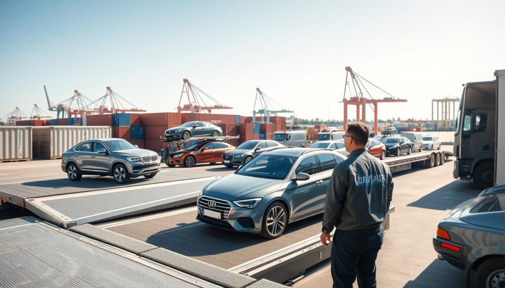 A detailed scene depicting the car shipping process. In the foreground, a professional team member in business attire inspects a car on a loading ramp, with transport trucks visible nearby. In the middle ground, several vehicles are being carefully loaded onto a large car carrier, showcasing a range of cars from sedans to SUVs. The background features a shipping terminal with containers and cranes, under a clear blue sky. Soft, natural lighting illuminates the scene, creating a sense of reliability and professionalism. The angle should be slightly elevated, providing a panoramic view of the entire process, highlighting the efficiency and care taken during the shipping process. The overall mood is organized and trustworthy, showcasing a seamless car shipping experience from pickup to delivery.
