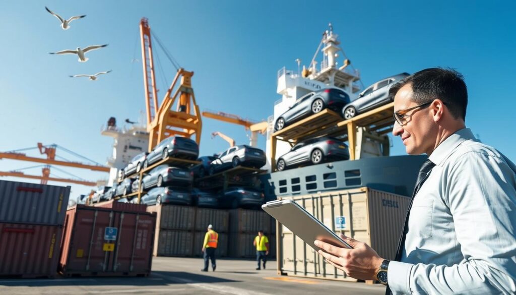 A detailed scene of a busy car shipping terminal, featuring several large shipping containers stacked high with vehicles being loaded onto a massive transport ship docked at the harbor. In the foreground, a professional-looking logistics manager in smart attire examines auto shipping quotes on a tablet. In the middle ground, cranes are towering above, maneuvering cars into place, while workers in safety gear coordinate the loading process. The background shows a clear blue sky, with seagulls flying overhead and distant cityscape along the waterfront. The lighting is bright and natural, reflecting a busy, efficient atmosphere. The angle captures the dynamic motion of transport, emphasizing the safe and organized nature of car shipping in Canada.