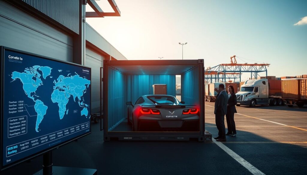 A detailed scene of freight tracking for Corvette shipping, featuring a modern logistics office in the foreground with a large digital monitor displaying a map with live shipment data. In the middle ground, a shipping container with a Corvette inside, highlighted with soft blue lighting, symbolizes careful transport. The background features a busy dock area with trucks and shipping containers under a bright, clear sky, creating a sense of action and efficiency. Include professionals in business attire analyzing shipment data, fostering a collaborative atmosphere. Use a wide-angle lens effect to capture the entire scene, emphasizing movement and precision in the freight shipping process. The mood should be focused and dynamic, showcasing reliability in auto transport solutions.