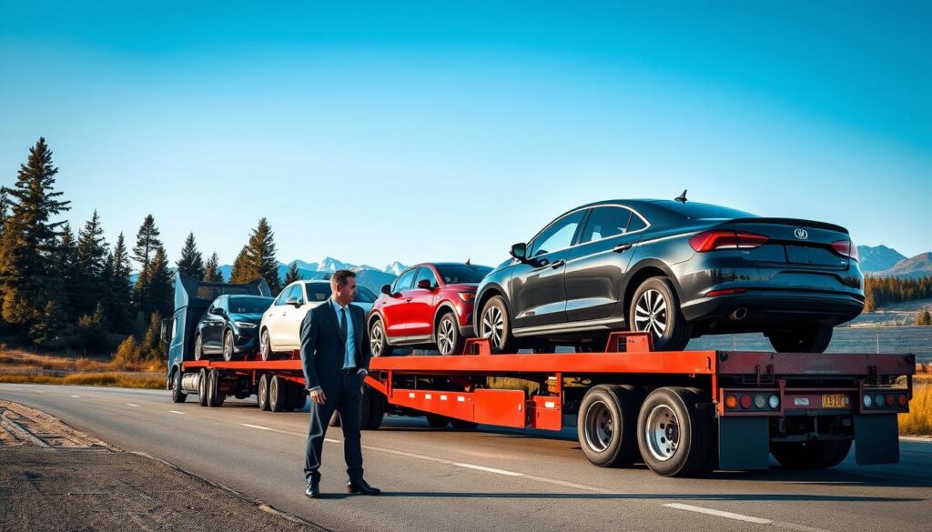 A detailed scene showcasing a professional auto transport experience in Canada. In the foreground, a well-maintained car carrier truck is parked, displaying various vehicles securely loaded. Two business professionals, dressed in smart casual attire, are inspecting the vehicles, exuding confidence and expertise. In the middle ground, a lush Canadian landscape with pine trees and distant mountains enhances the scene, while a clear blue sky casts soft, natural lighting on the setup. The background features a busy highway, illustrating the reliable transport routes used by experienced companies. The mood is one of trust and professionalism, emphasizing the importance of choosing established auto transport services. Use a slight aerial perspective to capture the entirety of this vibrant scene. A detailed scene showcasing a professional auto transport experience in Canada. In the foreground, a well-maintained car carrier truck is parked, displaying various vehicles securely loaded. Two business professionals, dressed in smart casual attire, are inspecting the vehicles, exuding confidence and expertise. In the middle ground, a lush Canadian landscape with pine trees and distant mountains enhances the scene, while a clear blue sky casts soft, natural lighting on the setup. The background features a busy highway, illustrating the reliable transport routes used by experienced companies. The mood is one of trust and professionalism, emphasizing the importance of choosing established auto transport services. Use a slight aerial perspective to capture the entirety of this vibrant scene.