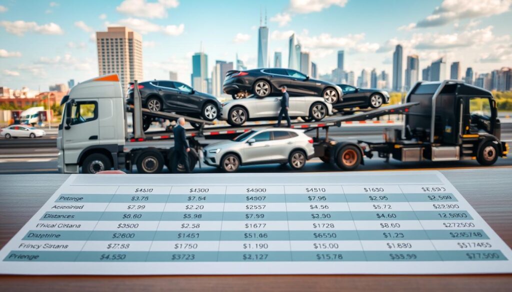 A detailed visual representation of a “Car Shipping Cost Snapshot for the U.S. in 2026.” In the foreground, a neatly organized table displays various car shipping costs, categorized by distance and vehicle type. The middle layer shows a diverse set of vehicles being loaded onto a car transport truck, with workers in professional business attire ensuring everything is secure. In the background, a modern city skyline with bustling traffic and clear skies illustrates a vibrant economy. Utilize natural lighting to enhance visibility and create a welcoming environment, with a slight depth of field focusing on the table. The overall mood should be informative and professional, conveying clarity and reliability in car shipping information.