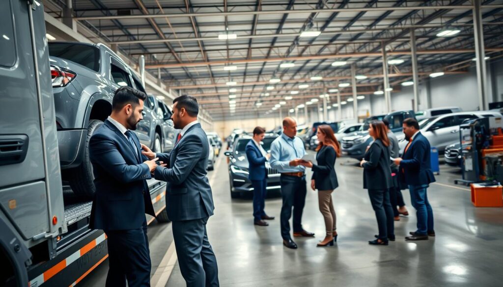 A diverse team of professionals working together in a modern vehicle shipment facility, showcasing a mix of ethnicities, genders, and ages. The foreground features two team members inspecting vehicles on a shipment truck, both dressed in professional business attire. In the middle ground, a busy warehouse with staff organizing documents and communicating with clients, reflecting a coordination of state-to-state auto transport. The background displays various vehicles being prepared for transport, with bright overhead lighting illuminating the space. The atmosphere conveys reliability, teamwork, and efficiency, emphasizing a trustworthy service in the auto transportation industry. The image is captured from a dramatic angle, enhancing the sense of action and collaboration.