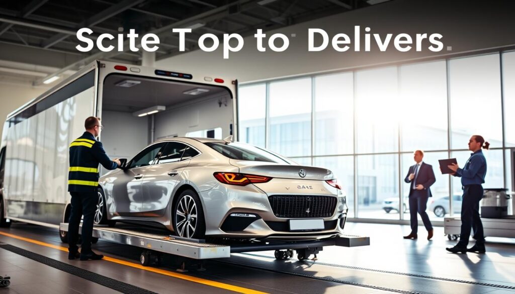 A dynamic auto transport process scene set within a bright, professional environment. In the foreground, a sleek car is being carefully loaded onto an open car carrier by diligent staff dressed in smart uniforms, showcasing expertise and professionalism. The middle ground features the car carrier surrounded by equipment and tools, with clear indications of safety procedures in action. In the background, an office building can be seen through large windows, symbolizing reliable service. The lighting is bright and inviting, with soft shadows enhancing the detailed textures of the vehicles. The atmosphere conveys a sense of efficiency, reliability, and trust, highlighting the steps from quote to delivery in the auto transport process.