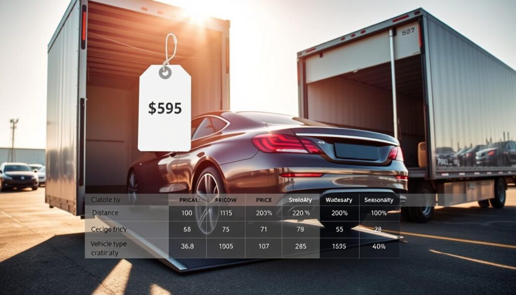 A dynamic composition showcasing the concept of car shipping prices with a focus on various factors influencing quotes. In the foreground, display a sleek car being loaded onto a transport truck, illustrating the shipping process. In the middle, include visual elements like a price tag and a comparison chart showing fluctuating prices based on distance, vehicle type, and seasonality. The background should feature a sunlit outdoor transport yard with several cars and transport vehicles for a sense of scale. Utilize natural lighting to create a bright, inviting atmosphere, enhancing clarity. Capture this scene from a slightly elevated angle to provide a comprehensive view while emphasizing the car loading in action. The overall mood should convey an informative yet engaging tone, emphasizing the importance of understanding pricing factors in auto transport services.