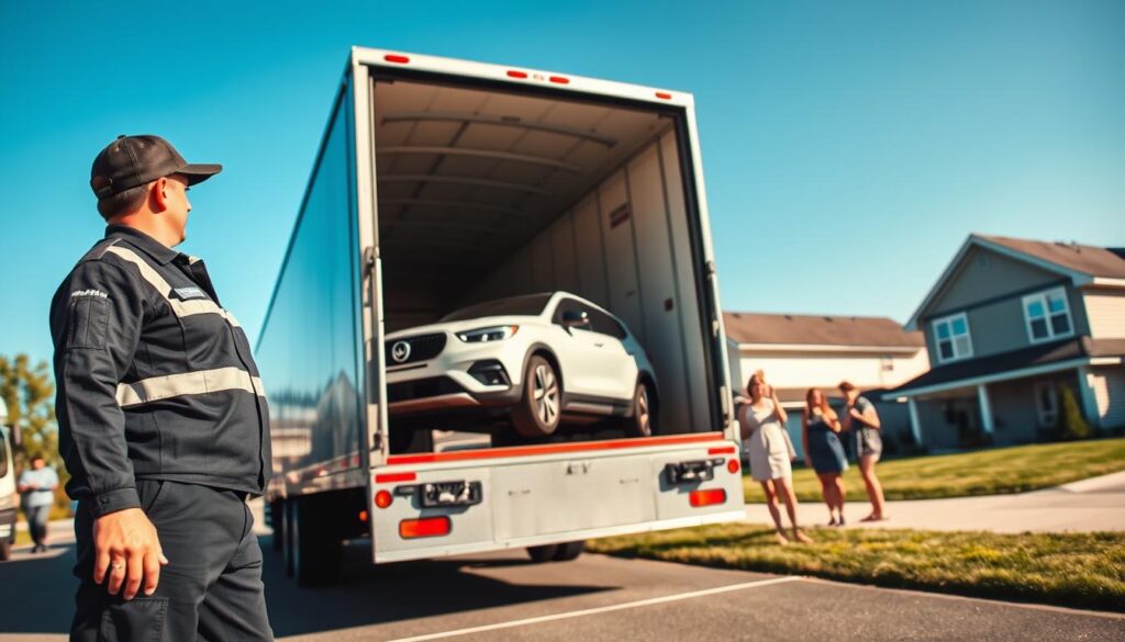 A dynamic scene capturing the essence of door-to-door car shipping in the United States. In the foreground, a professional driver in a branded uniform stands beside a sleek, modern truck with an open trailer displaying a securely loaded vehicle. In the middle ground, a suburban neighborhood is depicted, showcasing charming houses with well-kept lawns; a friendly family waves to the driver. The background features clear blue skies, hinting at a sunny day. The lighting is bright and natural, emphasizing the reliability of the service. Shot with a slight low angle to create a sense of trust and professionalism, the overall mood is welcoming and efficient, highlighting the convenience and ease of door-to-door auto transport.