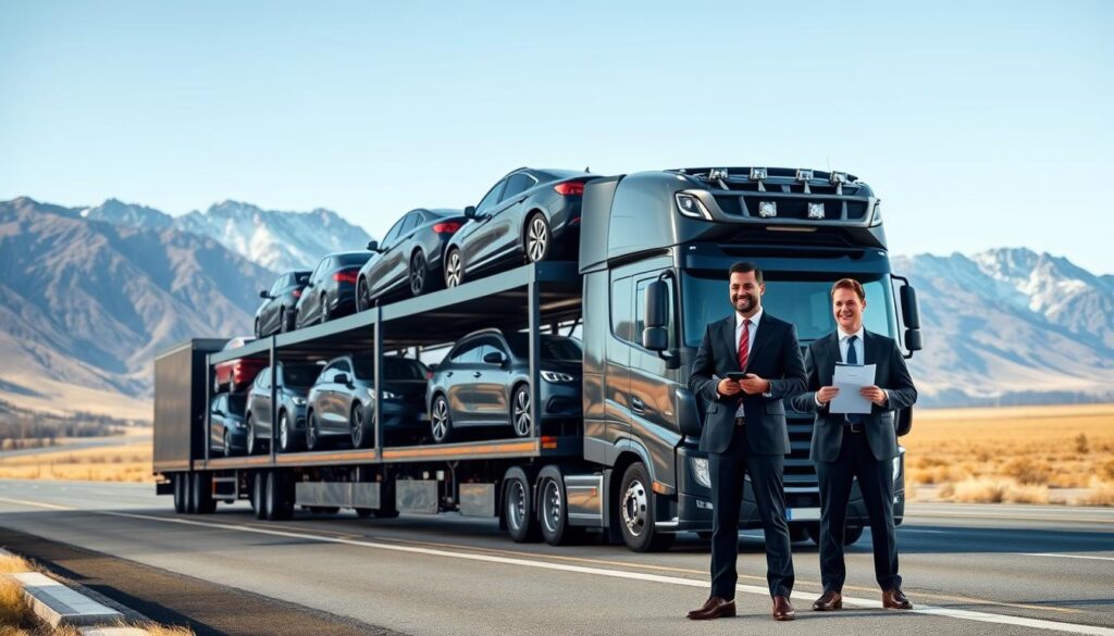 A dynamic scene depicting a Canada-wide vehicle transport service, showcasing a large, professional car carrier truck loaded with various vehicles, including sedans and SUVs, driving along a scenic highway with rugged mountains in the background. In the foreground, a diverse team of two workers in professional attire stands by the truck, ready to assist, with one holding a clipboard. The sky is clear and bright, capturing the essence of a sunny day. Use soft, natural lighting to enhance the colors of the vehicles and the landscape, while a wide-angle perspective emphasizes the scale of the transport service. The mood is reliable and efficient, reflecting trust in the vehicle transport industry. A dynamic scene depicting a Canada-wide vehicle transport service, showcasing a large, professional car carrier truck loaded with various vehicles, including sedans and SUVs, driving along a scenic highway with rugged mountains in the background. In the foreground, a diverse team of two workers in professional attire stands by the truck, ready to assist, with one holding a clipboard. The sky is clear and bright, capturing the essence of a sunny day. Use soft, natural lighting to enhance the colors of the vehicles and the landscape, while a wide-angle perspective emphasizes the scale of the transport service. The mood is reliable and efficient, reflecting trust in the vehicle transport industry.