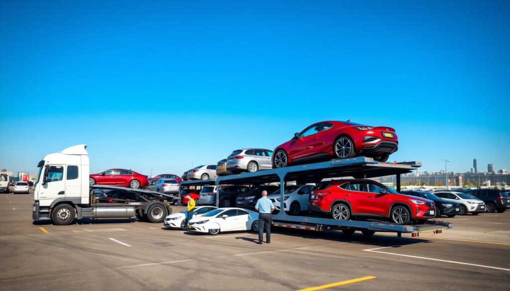 A dynamic scene depicting a car shipping yard under clear blue skies. In the foreground, a modern car carrier truck loaded with shiny, new vehicles. The truck is parked at an organized shipping terminal, showcasing an array of sedans and SUVs with vibrant colors. In the middle ground, workers in professional attire are inspecting the vehicles, emphasizing a reliable shipping process. The background features a distant skyline of a city, indicating the transportation network. The sunlight casts bright, natural lighting over the scene, enhancing the colors and details. The overall atmosphere is efficient and professional, reflecting the theme of auto shipping in the U.S., with a focus on quality service and cost-effectiveness.
