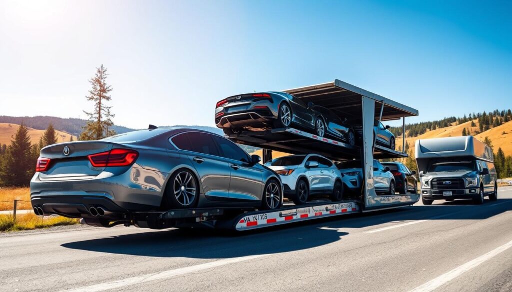 A dynamic scene depicting a vehicle transport operation on a sunny day. In the foreground, a modern car carrier truck is unloading a shiny sedan, showcasing its sleek design. The middle area features several diverse vehicles, including SUVs and compact cars, being loaded onto the carrier, emphasizing the auto shipping process. In the background, a scenic Canadian landscape with rolling hills and pine trees enhances the setting, while a clear blue sky allows bright, natural light to illuminate the scene. The viewpoint is slightly elevated, capturing both the vehicles and the surrounding environment. The overall atmosphere conveys professionalism and efficiency, highlighting the reliable service of auto shipping across Canada.