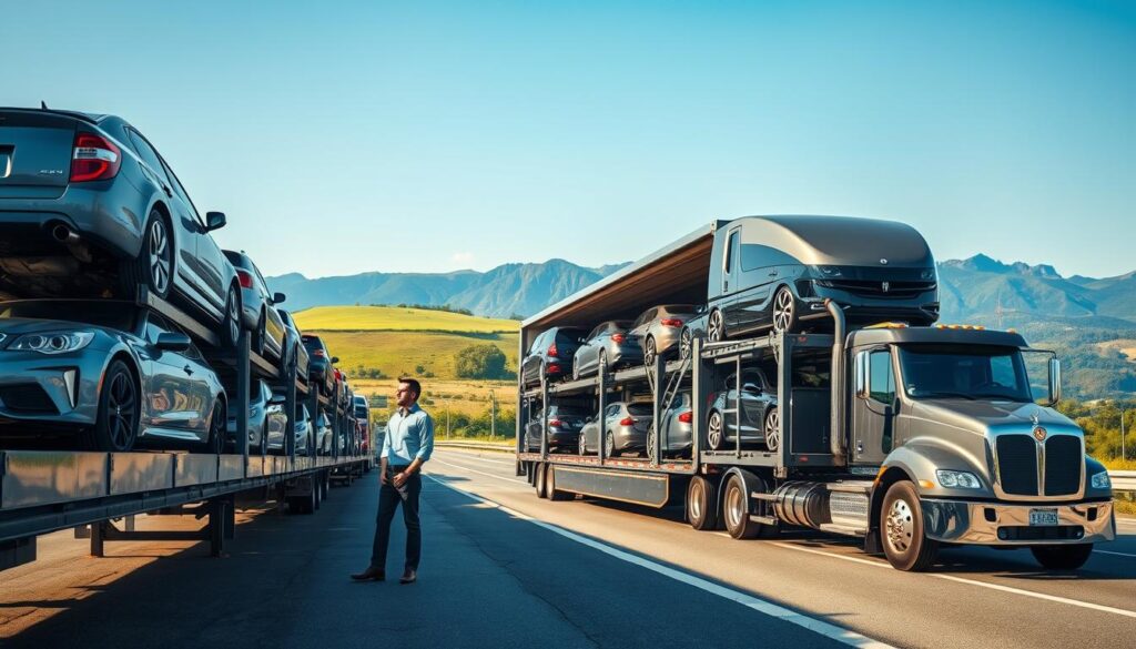 A dynamic scene depicting an array of vehicles on a transport truck, showcasing various car models including sedans, SUVs, and trucks. In the foreground, a professional driver in casual business attire inspects the securely loaded vehicles, reflecting trust and reliability. The middle ground features a large, well-maintained transport truck with a sleek design, parked at a scenic highway rest area. In the background, lush green landscapes and distant mountains create a sense of vastness and adventure. The lighting is soft but bright, suggesting a sunny day, with a clear blue sky enhancing the overall mood of dependable service. The angle captures both the trucks and roadway, providing a comprehensive view of the auto shipping process.