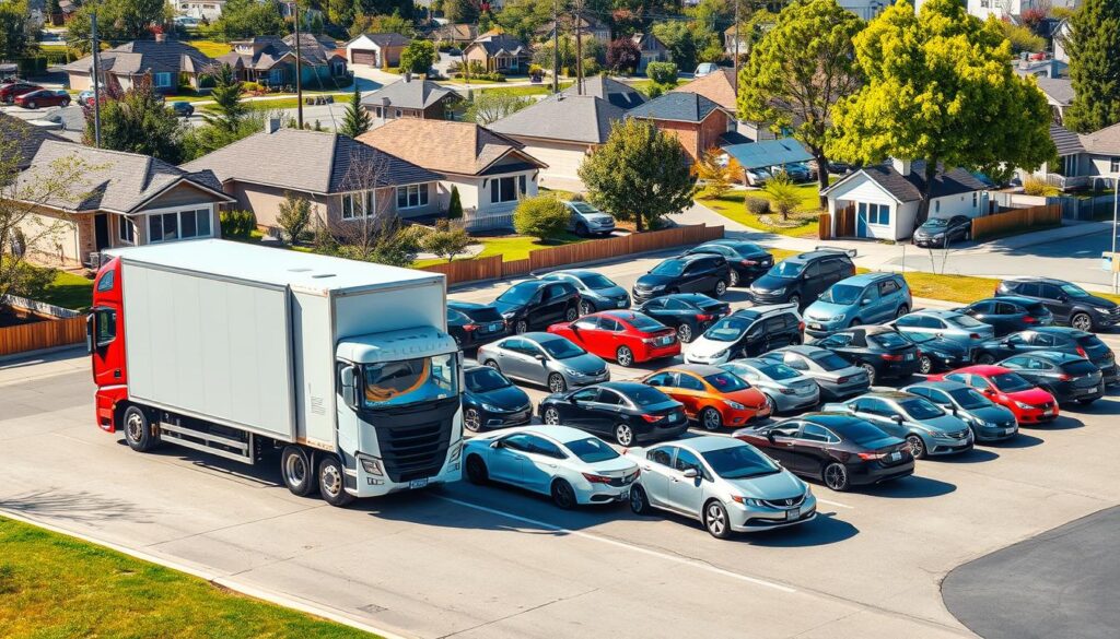 A dynamic scene depicting various car shipping delivery options, showcasing a modern transport truck loaded with vehicles, positioned prominently in the foreground. The middle ground features neatly arranged parked cars ready for delivery, with a diverse selection of models representing different sizes and types. In the background, a suburban neighborhood is visible, complete with houses and trees, suggesting a friendly community setting. The lighting is bright and inviting, simulating a sunny day, while the camera angle is slightly elevated, offering a comprehensive view of the scene. The overall atmosphere conveys reliability and professionalism in auto transport, without any text or human figures present, ensuring a focus on the car shipping theme.