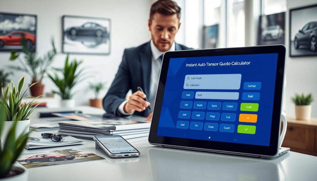 A dynamic scene featuring an instant auto transport quote calculator interface prominently in the foreground, showcasing an intuitive design with vibrant buttons and sleek graphics on a digital screen. The middle ground includes a well-dressed professional, a man or woman in a business suit, intently reviewing the calculator on a laptop at a modern desk filled with automotive brochures and a smartphone displaying a map. The background reveals a bright, airy office environment with large windows letting in soft natural light, plants adding a touch of greenery, and car-themed artwork adorning the walls. The mood is focused and productive, evoking a sense of trust and reliability in the vehicle shipping process, captured from a slightly elevated angle to emphasize the calculator and the engaged professional.