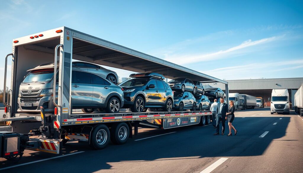 A dynamic scene of a modern car transport trailer loaded with an array of vehicles, showcasing reliability in auto transport services. In the foreground, the trailer is parked on a busy highway, glistening under the sunlight, with a couple of professional drivers, dressed in smart business attire, inspecting the vehicles carefully. The middle ground features a diverse lineup of automobiles, including sedans, SUVs, and trucks, all securely fastened. In the background, a bustling logistics center can be seen, with transport trucks entering and exiting, conveying a sense of efficiency and professionalism. The atmosphere is bright and optimistic, with clear blue skies and soft shadows, emphasizing the dependability of these auto transport services. A wide-angle perspective captures the entire scene, highlighting the organization and care involved in vehicle shipping.