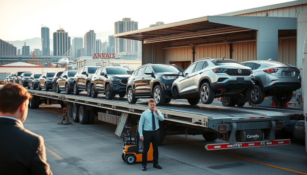 A dynamic scene of vehicle transport logistics, showcasing a diverse array of vehicles including cars, trucks, and SUVs, arranged methodically on a large flatbed trailer. In the foreground, a professional transporter in business attire inspects the secured vehicles, demonstrating attention to detail. The middle ground features an expansive loading dock bustling with activity, where additional vehicles await shipment, surrounded by forklifts and shipping crates. The background highlights a clear Canadian skyline, with tall buildings and a hint of mountains beyond, suggesting a vibrant urban environment. Soft, natural daylight illuminates the scene, emphasizing the professionalism and care taken in auto transport services, creating an atmosphere of reliability and trust. Aim for a wide-angle perspective that captures the full scale of the operation.