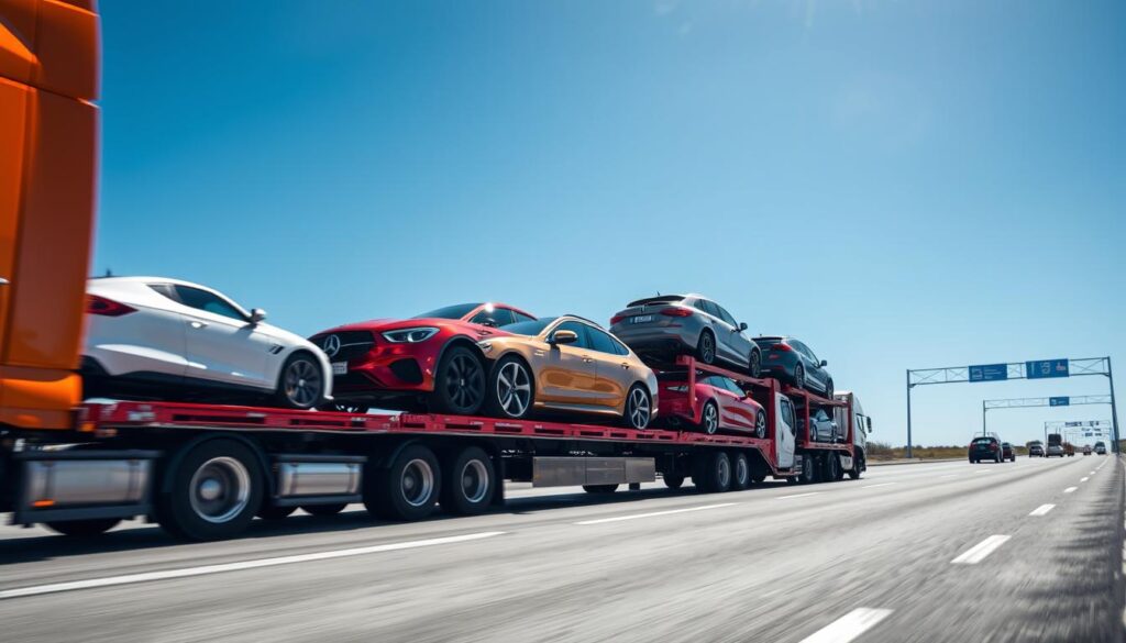 A dynamic scene of vehicle transport, showcasing a transport truck loaded with various cars ready for shipment. In the foreground, the truck is brightly colored with streamlined design, reflecting sunlight, and displaying a sturdy build. The middle ground features a diverse range of cars parked on the truck, including sedans and SUVs, with vibrant colors and shiny surfaces. In the background, a clear blue sky creates an open and inviting atmosphere, while a well-maintained highway elements add context. Warm, natural lighting enhances the scene, suggesting daytime. The perspective is slightly elevated, capturing the scale of the transport operation, and the overall mood conveys efficiency and professionalism in vehicle shipping.