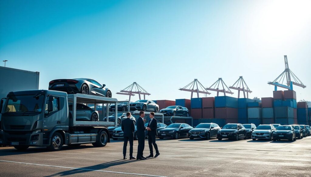 A dynamic scene showcasing a large car shipping terminal. In the foreground, depict a professional team in business attire reviewing logistics plans, standing next to a sleek car carrier truck loaded with luxury automobiles. The middle ground features multiple car transport trailers arranged in an organized manner, with various makes and models of vehicles on display, illustrating the diversity of auto transport services. In the background, a bright blue sky illuminates the entire scene, while shipping containers and cranes hint at a bustling shipping port atmosphere. Soft natural lighting enhances the professionalism and efficiency of the environment, creating a mood of reliability and trust in automobile shipping. A dynamic scene showcasing a large car shipping terminal. In the foreground, depict a professional team in business attire reviewing logistics plans, standing next to a sleek car carrier truck loaded with luxury automobiles. The middle ground features multiple car transport trailers arranged in an organized manner, with various makes and models of vehicles on display, illustrating the diversity of auto transport services. In the background, a bright blue sky illuminates the entire scene, while shipping containers and cranes hint at a bustling shipping port atmosphere. Soft natural lighting enhances the professionalism and efficiency of the environment, creating a mood of reliability and trust in automobile shipping.