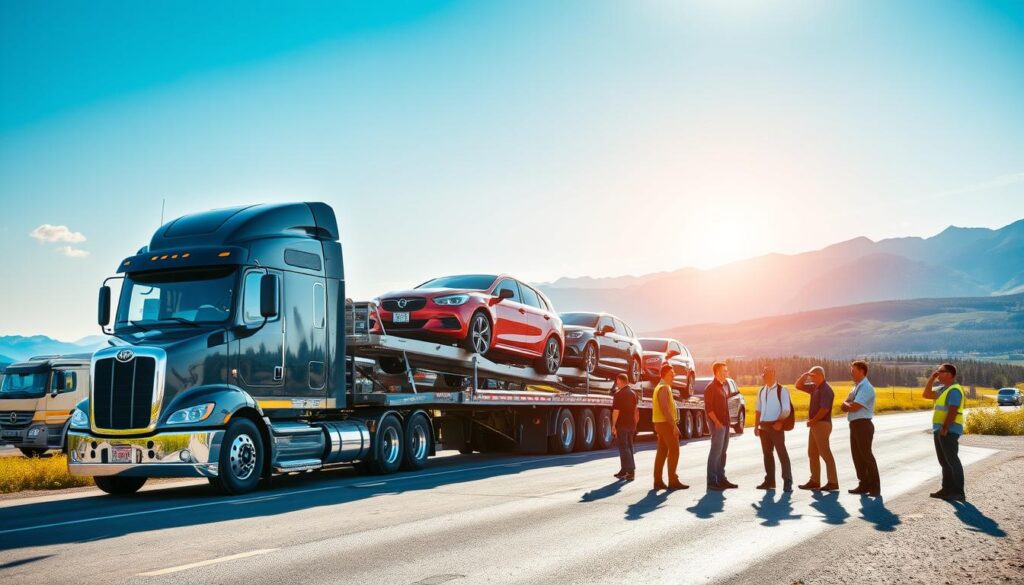 A dynamic scene showcasing a professional vehicle transport service in Canada. In the foreground, a shiny auto hauler truck with several colorful cars securely loaded on its trailer, reflecting appropriate safety measures. The middle ground features a diverse team of drivers in professional attire, inspecting the vehicles and preparing them for transport, exuding a sense of teamwork and reliability. In the background, a vast Canadian landscape displayed with lush greenery and distant mountains under a clear blue sky, emphasizing the expansive reach of the services. The sunlight casts natural lighting, creating a warm and inviting atmosphere. The image should convey a sense of professionalism and efficiency in vehicle transport, capturing the essence of auto hauler companies.