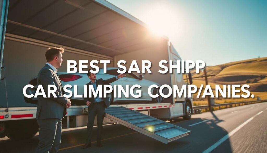 A dynamic scene showcasing the best car shipping companies in Missouri, featuring a sleek, modern car being loaded onto an enclosed transport truck. In the foreground, a professional, well-dressed logistics coordinator discusses details with a truck driver, both smiling and pointing towards the vehicle. The middle ground displays the truck meticulously designed for safe transport, with a vibrant Missouri landscape in the background, including rolling hills and a clear blue sky. The sunlight casts a warm glow, enhancing the sense of reliability and professionalism. The image is captured with a wide-angle lens to emphasize the scale of the truck and the surrounding environment, creating a feeling of trust and security in the car shipping process. A dynamic scene showcasing the best car shipping companies in Missouri, featuring a sleek, modern car being loaded onto an enclosed transport truck. In the foreground, a professional, well-dressed logistics coordinator discusses details with a truck driver, both smiling and pointing towards the vehicle. The middle ground displays the truck meticulously designed for safe transport, with a vibrant Missouri landscape in the background, including rolling hills and a clear blue sky. The sunlight casts a warm glow, enhancing the sense of reliability and professionalism. The image is captured with a wide-angle lens to emphasize the scale of the truck and the surrounding environment, creating a feeling of trust and security in the car shipping process.