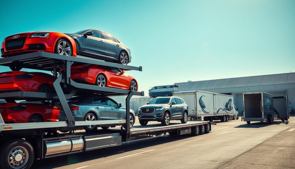 A dynamic scene showcasing various car transport vehicles for secure auto shipping. In the foreground, a modern car carrier truck with multiple levels, neatly loaded with sleek sedans in vibrant colors, gleams under bright sunshine. In the middle ground, a flatbed truck displays a luxury SUV, while an enclosed transport trailer stands ready, reflecting the importance of vehicle protection. The background features a transport yard with additional shipping vehicles, including a tow truck and a transport van, set against a clear blue sky. The lighting is bright and natural, casting soft shadows that enhance details, while a slight lens vignette gives it a professional photographic touch. The atmosphere conveys reliability and trust, emphasizing the efficiency of these transport options.