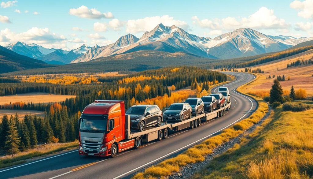 A dynamic scene showcasing vehicle shipping services across Canada, featuring a transport truck loaded with cars driving through a picturesque landscape. In the foreground, focus on the sleek truck, highlighting its trailer filled with various vehicles like sedans and SUVs. In the middle, illustrate a winding road that stretches through vibrant forests, rocky mountains, and open fields, symbolizing the diverse Canadian terrain. In the background, include a clear blue sky with soft clouds, adding a sense of tranquility and freedom. Utilize warm, natural lighting to enhance the inviting atmosphere and evoke a feeling of reliability and trust. The composition should capture both the vehicles and the stunning scenery, emphasizing the professional and efficient vehicle shipping service.