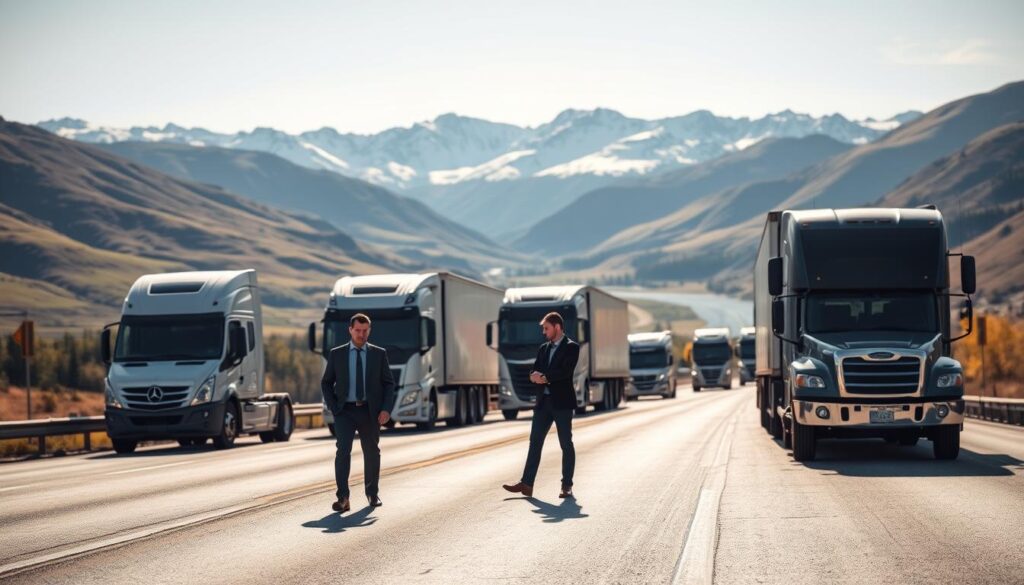 A fleet of reliable car transport vehicles is shown on a scenic highway cutting through the stunning landscapes of Canada, with rolling hills and snow-capped mountains in the background. In the foreground, two professional drivers in business attire can be seen inspecting the vehicles, ensuring the safety and quality of the auto shipping process. The sky is clear with soft, natural lighting illuminating the scene, creating a sense of trust and reliability. The angle is slightly above eye level, allowing for a comprehensive view of the transport trucks alongside the breathtaking Canadian scenery. The overall mood is one of professionalism and dependability, reflecting the essence of trustworthy auto shipping services across the vast Canadian terrain.