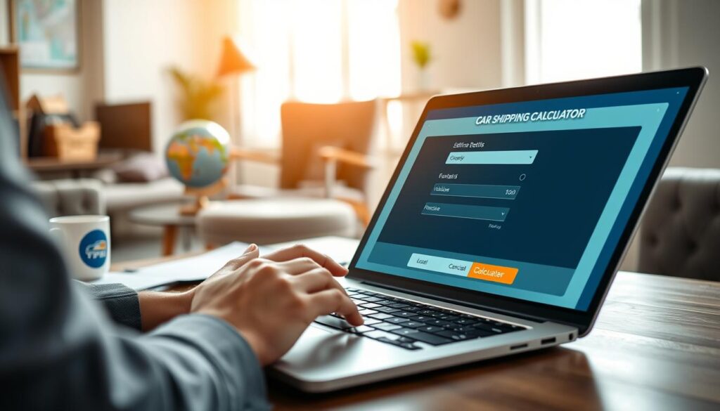 A focused scene depicting a modern car shipping calculator interface on a sleek laptop in the foreground, with a user interacting with it while seated at a stylish home office desk. The laptop screen displays an engaging digital tool for estimating vehicle shipping costs, showcasing input fields for vehicle details and a prominent "Calculate" button. The middle ground features a well-organized workspace, including shipping documents, a globe, and a mug with a transport logo. The background consists of a bright, inviting room with natural light streaming in through a window, creating a warm atmosphere. The camera angle is slightly elevated, emphasizing professionalism and clarity, with soft, diffused lighting to enhance the productivity vibe. Emphasize a sense of convenience and efficiency in vehicle shipping. A focused scene depicting a modern car shipping calculator interface on a sleek laptop in the foreground, with a user interacting with it while seated at a stylish home office desk. The laptop screen displays an engaging digital tool for estimating vehicle shipping costs, showcasing input fields for vehicle details and a prominent "Calculate" button. The middle ground features a well-organized workspace, including shipping documents, a globe, and a mug with a transport logo. The background consists of a bright, inviting room with natural light streaming in through a window, creating a warm atmosphere. The camera angle is slightly elevated, emphasizing professionalism and clarity, with soft, diffused lighting to enhance the productivity vibe. Emphasize a sense of convenience and efficiency in vehicle shipping.
