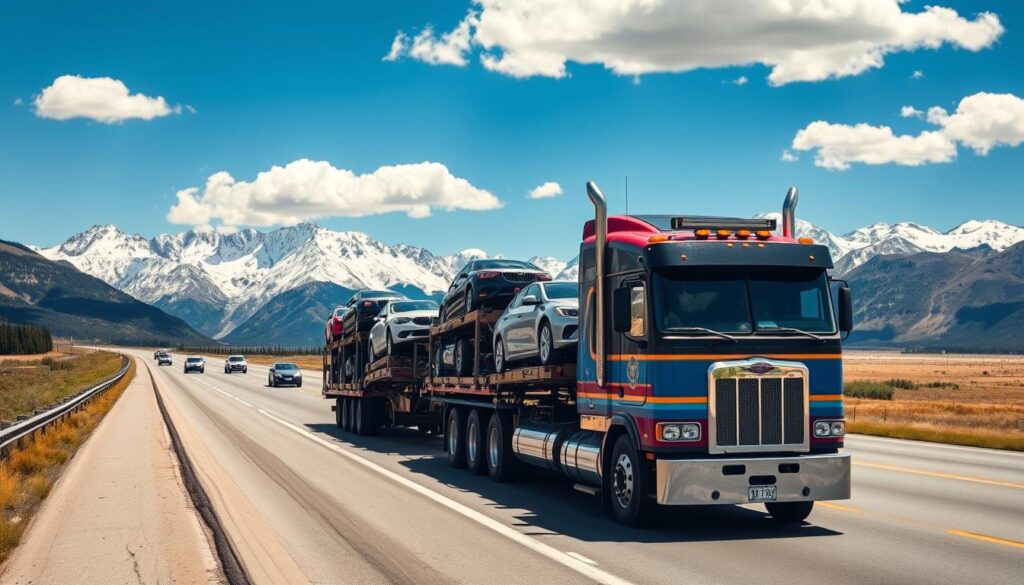 A large, modern car transport truck loaded with various vehicles is driving along the scenic Trans-Canada Highway, stretching through stunning mountainous terrain. In the foreground, the truck is sharply focused, showcasing its vibrant colors and intricate details. In the middle ground, other vehicles can be seen merging onto the highway, symbolizing the flow of auto delivery. The background features majestic snow-capped mountains under a bright blue sky, with a few fluffy clouds scattered above, evoking a sense of vastness and adventure. The scene is illuminated by warm, natural sunlight, casting gentle shadows that enhance the depth. The mood is professional and trustworthy, emphasizing a reliable auto delivery service. A wide-angle perspective captures the dynamic landscape and the truck's journey across Canada.