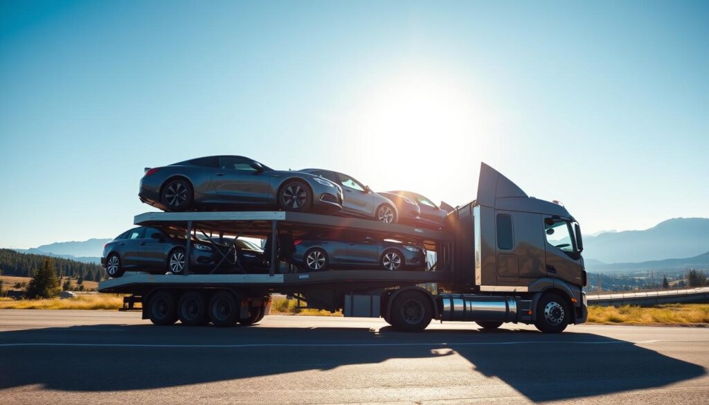 A large transport truck carrying multiple vehicles on a wide highway, set against a clear blue sky. In the foreground, the truck features two layers of cars securely strapped onto the trailer, showcasing a variety of makes and models, including sedans and SUVs. In the middle ground, a winding road leads to scenic views of the Canadian Rockies, with lush greenery on either side, suggesting the vast landscape of Canada. The background highlights distant mountains under bright, natural sunlight, suggesting a warm, inviting atmosphere. The composition is shot from a low angle to emphasize the scale of the transport truck and its cargo, capturing the essence of reliable car shipping services. The mood is professional, showcasing safety and trust in vehicle transport solutions.