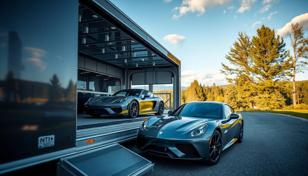 A luxurious enclosed auto transport vehicle, shining under soft outdoor lighting, is prominently displayed in the foreground, showcasing its sleek design and high-quality finish. In the middle ground, a collection of high-value cars, including a sports car and a vintage luxury vehicle, is carefully arranged within the transport trailer, highlighting the security and safety features. The background features a scenic Canadian landscape, with green trees and blue skies, adding a sense of tranquility and professionalism. The camera angle is slightly low, emphasizing the grandeur of the vehicles and the enclosure's secure structure. The overall mood is one of sophistication and confidence, ideal for conveying premium enclosed vehicle shipping. A luxurious enclosed auto transport vehicle, shining under soft outdoor lighting, is prominently displayed in the foreground, showcasing its sleek design and high-quality finish. In the middle ground, a collection of high-value cars, including a sports car and a vintage luxury vehicle, is carefully arranged within the transport trailer, highlighting the security and safety features. The background features a scenic Canadian landscape, with green trees and blue skies, adding a sense of tranquility and professionalism. The camera angle is slightly low, emphasizing the grandeur of the vehicles and the enclosure's secure structure. The overall mood is one of sophistication and confidence, ideal for conveying premium enclosed vehicle shipping.