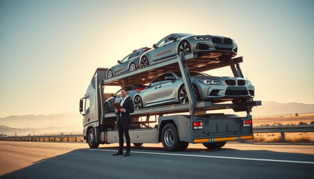 A meticulously organized auto transport scene showcasing a modern car carrier truck on a vibrant highway. In the foreground, a professional driver in smart business attire stands beside the truck, checking a clipboard while glancing at the vehicles securely loaded onto the carrier. The middle layer displays a range of vehicles, including sedans and SUVs, all in pristine condition, highlighting the reliability of the transport service. In the background, expansive sky vistas and distant mountains create a sense of freedom and affordability. Soft, warm sunlight bathes the scene, casting long shadows and enhancing the vivid colors of the truck and cars. The overall atmosphere conveys trust, efficiency, and professionalism, making it clear this is a high-quality car shipping service.