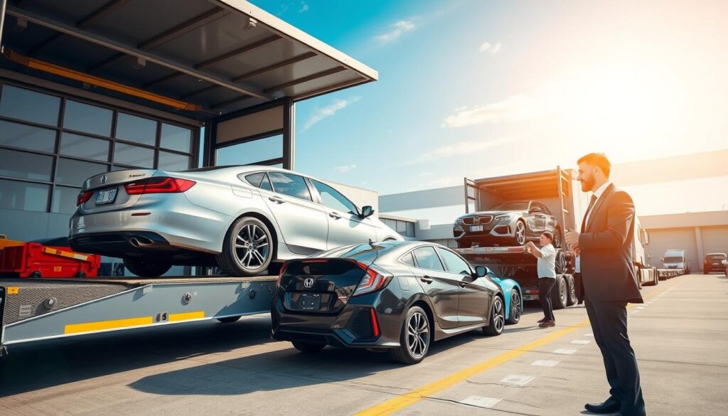 A modern auto transport company scene featuring a vibrant, well-maintained car carrier truck loading vehicles at a busy shipping terminal. In the foreground, showcase a friendly, professional staff member in business attire, inspecting a sedan as it is being loaded onto the truck. In the middle ground, several diverse cars are lined up, ready for transport, and another staff member is guiding a vehicle onto the carrier. The background should depict a clean, organized terminal with clear blue skies and bright daylight, enhancing the feeling of trust and reliability. The angle should be slightly low to emphasize the height of the transport truck and to give a sense of action and professionalism, while maintaining a warm, inviting atmosphere. A modern auto transport company scene featuring a vibrant, well-maintained car carrier truck loading vehicles at a busy shipping terminal. In the foreground, showcase a friendly, professional staff member in business attire, inspecting a sedan as it is being loaded onto the truck. In the middle ground, several diverse cars are lined up, ready for transport, and another staff member is guiding a vehicle onto the carrier. The background should depict a clean, organized terminal with clear blue skies and bright daylight, enhancing the feeling of trust and reliability. The angle should be slightly low to emphasize the height of the transport truck and to give a sense of action and professionalism, while maintaining a warm, inviting atmosphere.