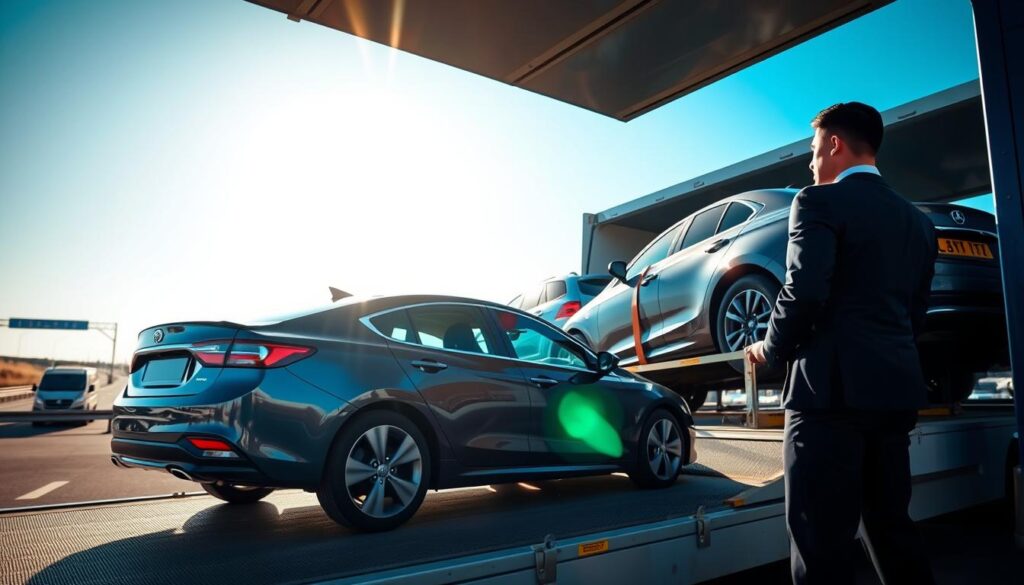 A modern auto transport scene showcasing a reliable car shipping company. In the foreground, a sleek, well-maintained car is being loaded onto an open car carrier by a professional in a smart uniform, symbolizing trust and expertise. In the middle ground, the car carrier is filled with several vehicles securely strapped down, demonstrating safety during transport. The background features a clear blue sky and a highway, suggesting movement and the journey ahead. The setting is illuminated by bright, natural daylight, enhancing the sense of openness and reliability. The mood is professional and reassuring, reflecting a commitment to safe, reliable car transport services. A modern auto transport scene showcasing a reliable car shipping company. In the foreground, a sleek, well-maintained car is being loaded onto an open car carrier by a professional in a smart uniform, symbolizing trust and expertise. In the middle ground, the car carrier is filled with several vehicles securely strapped down, demonstrating safety during transport. The background features a clear blue sky and a highway, suggesting movement and the journey ahead. The setting is illuminated by bright, natural daylight, enhancing the sense of openness and reliability. The mood is professional and reassuring, reflecting a commitment to safe, reliable car transport services.