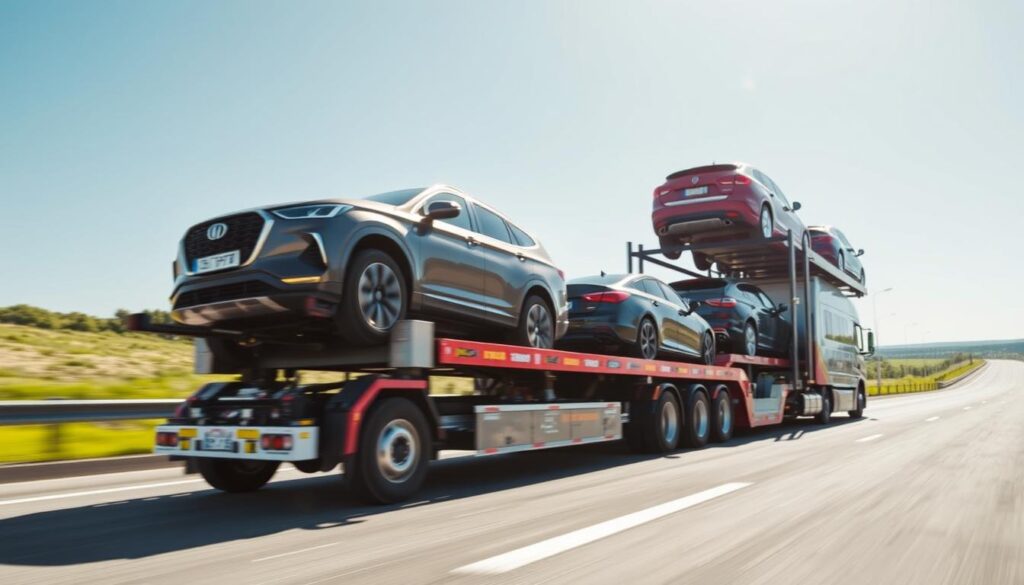 A modern auto transport service in action, featuring a well-maintained transport truck loaded with vehicles. In the foreground, focus on the truck, showcasing its vibrant branding and secure vehicle placements. The middle ground captures a variety of cars, including sedans and SUVs, in different colors, emphasizing the service's capability to transport various vehicle types. The background includes a scenic highway under clear blue skies, symbolizing safety and reliability, with soft sunlight illuminating the scene, enhancing the feeling of trust. The angle is a dynamic three-quarter view to provide depth, while the mood is professional and reassuring, reflecting the dedication to secure and dependable vehicle shipping.