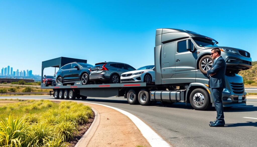 A modern auto transport service in action, showcasing a sleek car carrier truck loaded with various vehicles, including a luxury sedan and a compact car. The foreground features a professional driver in business attire, inspecting the vehicles as he stands beside the carrier. In the middle ground, the transport truck is parked on a vibrant highway with a clear blue sky, symbolizing swift and efficient service. The background includes distant city outlines and greenery, reflecting the expansive reach across the United States. The scene is illuminated by bright daylight, conveying a sense of reliability and urgency. The composition is shot from a low angle to emphasize the truck's size and importance within the context of auto transport services.