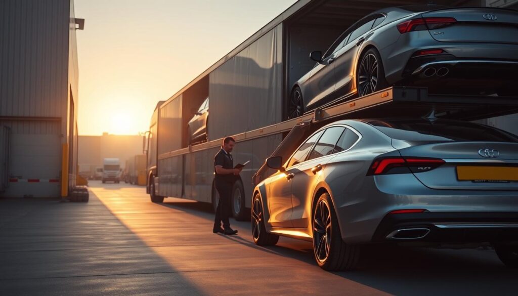 A modern auto transport truck, sleek and efficient, parked at a loading facility during golden hour. In the foreground, showcase an elegantly designed car being carefully loaded onto the transport vehicle by a crew member in a professional uniform, ensuring safety and precision. The middle layer features the transport truck, robust with multiple cars secured on the upper deck, highlighting its capacity and reliability. The background includes a well-organized loading area, with soft natural lighting filtering through, creating an atmosphere of professionalism and safety. Emphasize the gleaming surface of the vehicles, reflecting the warm tones of the sunset, evoking a sense of trust and quality in auto transport services.