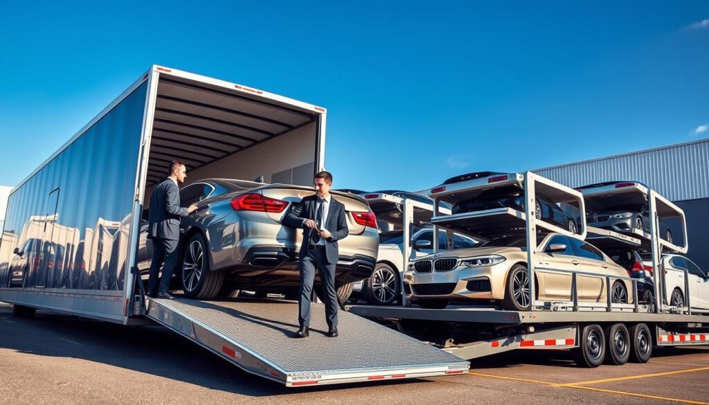 A modern auto transport yard bustling with activity, showcasing various auto shipping options. In the foreground, a sleek, shiny vehicle is being loaded onto an enclosed trailer, with two professional workers in business attire coordinating the process. The middle ground features multiple car transporters, some carrying luxury cars and others standard vehicles, emphasizing the variety in transport options. The background showcases a clear blue sky, adding to the sense of professionalism and efficiency. Soft, natural sunlight highlights the vehicles, creating a dynamic contrast of colors and textures. The scene conveys a sense of reliability and expertise in auto shipping services, ideal for conveying confidence in automotive transport. The angle is a slightly elevated, capturing the scope of operations without any distractions. A modern auto transport yard bustling with activity, showcasing various auto shipping options. In the foreground, a sleek, shiny vehicle is being loaded onto an enclosed trailer, with two professional workers in business attire coordinating the process. The middle ground features multiple car transporters, some carrying luxury cars and others standard vehicles, emphasizing the variety in transport options. The background showcases a clear blue sky, adding to the sense of professionalism and efficiency. Soft, natural sunlight highlights the vehicles, creating a dynamic contrast of colors and textures. The scene conveys a sense of reliability and expertise in auto shipping services, ideal for conveying confidence in automotive transport. The angle is a slightly elevated, capturing the scope of operations without any distractions.
