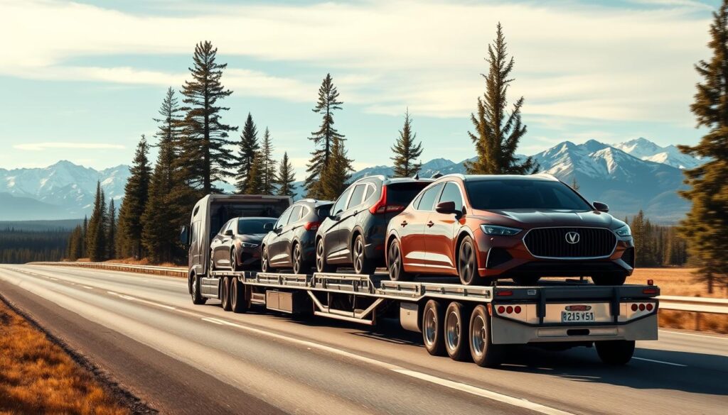 A modern car carrier truck transporting several shiny, new vehicles across a scenic Canadian highway. In the foreground, the truck is angled slightly, showcasing its long trailer loaded with diverse cars, from compact sedans to SUVs. The middle ground features a backdrop of majestic Canadian landscapes, including towering pine trees and distant snow-capped mountains under a bright blue sky. Soft, natural lighting highlights the sleek curves of the vehicles and the gleaming metal of the truck. The angle is slightly elevated, providing a panoramic view of the transport operation. The mood is one of efficiency and reliability, reflecting a peaceful yet dynamic sense of movement, emphasizing the professionalism of the vehicle transport service.