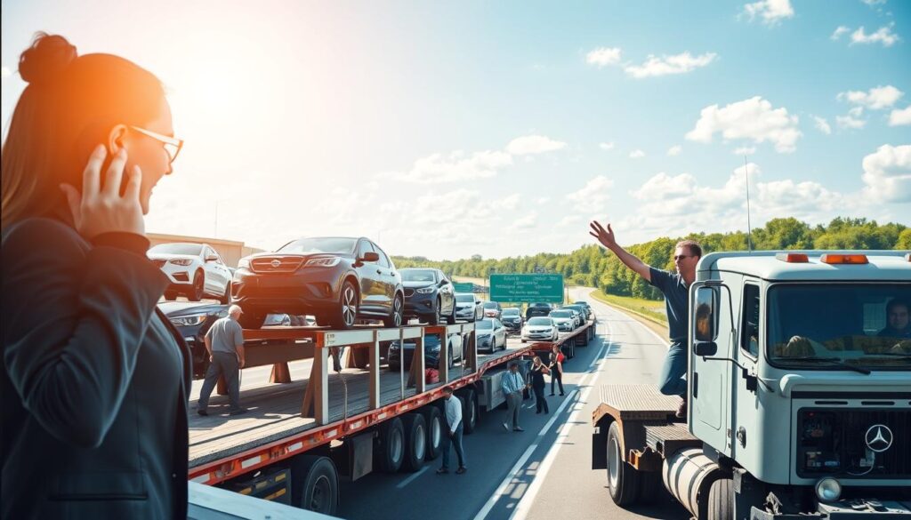 A modern car shipping facility bustling with activity, showcasing various cars loaded onto flatbed trucks ready for transport. In the foreground, a professional-looking woman wearing business attire is on the phone, coordinating shipments, while a friendly truck driver waves, standing beside a truck filled with cars. The middle ground features a diverse team of workers loading vehicles safely, with a bright, sunny sky overhead reflecting a sense of efficiency and responsiveness. In the background, a highway is visible, symbolizing nationwide reach, with greenery flanking the road. The scene is well-lit with natural sunlight, capturing a dynamic, productive atmosphere of quick car shipping. Use a slightly aerial angle to emphasize the logistics and scale of the operation.