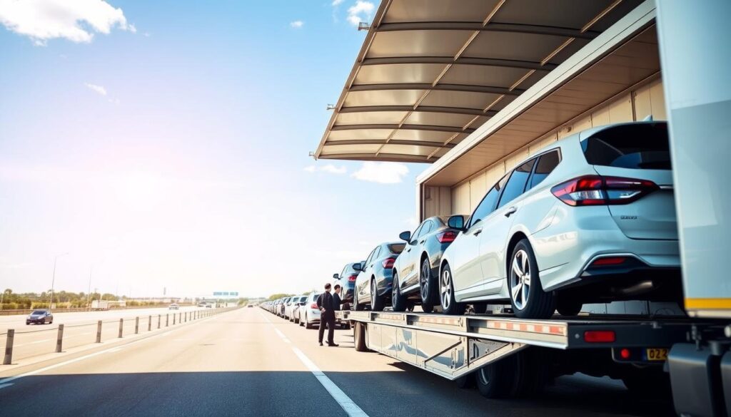 A modern car shipping facility with a transport truck loading vehicles in the foreground, showcasing multiple cars secured in transit. The midground features a lined-up array of cars ready for shipping, with workers in professional attire efficiently coordinating the process. The background reveals a clear blue sky and expansive highway, signifying nationwide travel. Soft, natural lighting enhances the scene, with sunlight casting gentle shadows. The angle captures the bustling activity of car shipping, conveying a sense of professionalism and reliability. The overall mood is one of stress-free efficiency, emphasizing the ease and confidence in vehicle transport services.