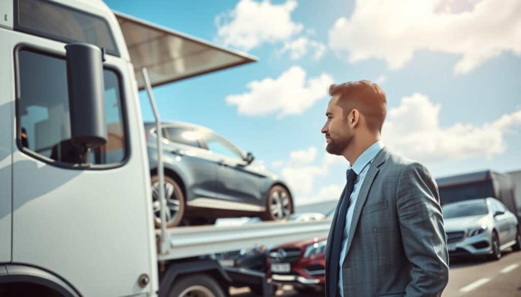 A modern car shipping service in action, with a clean, well-maintained truck loading a shiny vehicle onto an enclosed trailer. In the foreground, a professional-looking individual in business attire is carefully overseeing the loading process, ensuring everything is secure. The middle ground features various cars of different colors, demonstrating a diverse range of vehicles ready for transport. The background shows a clear blue sky with a few fluffy clouds, emphasizing a bright and positive atmosphere. The scene is well-lit with soft natural lighting, creating an inviting and trustworthy vibe. The composition is captured from a slightly elevated angle, giving a comprehensive view of the entire operation, highlighting the efficiency and care involved in the auto transport service. A modern car shipping service in action, with a clean, well-maintained truck loading a shiny vehicle onto an enclosed trailer. In the foreground, a professional-looking individual in business attire is carefully overseeing the loading process, ensuring everything is secure. The middle ground features various cars of different colors, demonstrating a diverse range of vehicles ready for transport. The background shows a clear blue sky with a few fluffy clouds, emphasizing a bright and positive atmosphere. The scene is well-lit with soft natural lighting, creating an inviting and trustworthy vibe. The composition is captured from a slightly elevated angle, giving a comprehensive view of the entire operation, highlighting the efficiency and care involved in the auto transport service.