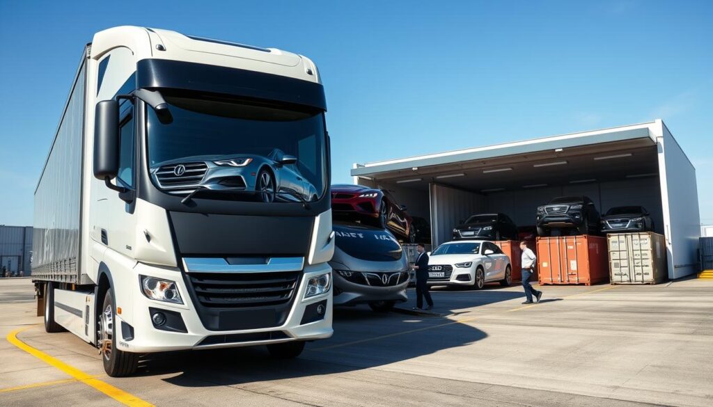A modern car shipping service in action, with a sleek transport truck loaded with luxury automobiles in the foreground. The middle ground features a well-organized logistics facility, including loading docks and shipping containers. In the background, a clear blue sky contrasts with the vibrant colors of the cars being loaded, creating a dynamic and efficient atmosphere. The scene is well-lit, showcasing details of the vehicles and workers in professional attire coordinating the loading process. The camera angle is slightly low, emphasizing the height of the transport truck and the scale of the shipping operation. This image conveys a sense of reliability and professionalism associated with hassle-free automobile transportation services. A modern car shipping service in action, with a sleek transport truck loaded with luxury automobiles in the foreground. The middle ground features a well-organized logistics facility, including loading docks and shipping containers. In the background, a clear blue sky contrasts with the vibrant colors of the cars being loaded, creating a dynamic and efficient atmosphere. The scene is well-lit, showcasing details of the vehicles and workers in professional attire coordinating the loading process. The camera angle is slightly low, emphasizing the height of the transport truck and the scale of the shipping operation. This image conveys a sense of reliability and professionalism associated with hassle-free automobile transportation services.
