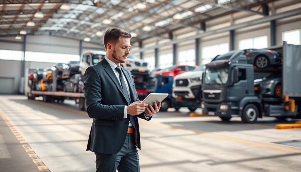A modern car shipping service setting, featuring a transport truck loaded with various vehicles, showcasing an array of colors and models. In the foreground, a professional-looking business person in a tailored suit is discussing logistics with a customer, using a tablet to provide a fast quote. The middle ground includes the well-organized fleet of transport trucks ready for loading. In the background, a clean, well-lit warehouse can be seen, with bright daylight filtering through large windows. The atmosphere conveys efficiency and reliability, emphasizing trust and care in vehicle delivery. Soft focus on the background to highlight the main subjects. Natural lighting to create a vibrant, inviting scene, shot from a slightly elevated angle for depth. No text or watermarks present. A modern car shipping service setting, featuring a transport truck loaded with various vehicles, showcasing an array of colors and models. In the foreground, a professional-looking business person in a tailored suit is discussing logistics with a customer, using a tablet to provide a fast quote. The middle ground includes the well-organized fleet of transport trucks ready for loading. In the background, a clean, well-lit warehouse can be seen, with bright daylight filtering through large windows. The atmosphere conveys efficiency and reliability, emphasizing trust and care in vehicle delivery. Soft focus on the background to highlight the main subjects. Natural lighting to create a vibrant, inviting scene, shot from a slightly elevated angle for depth. No text or watermarks present.