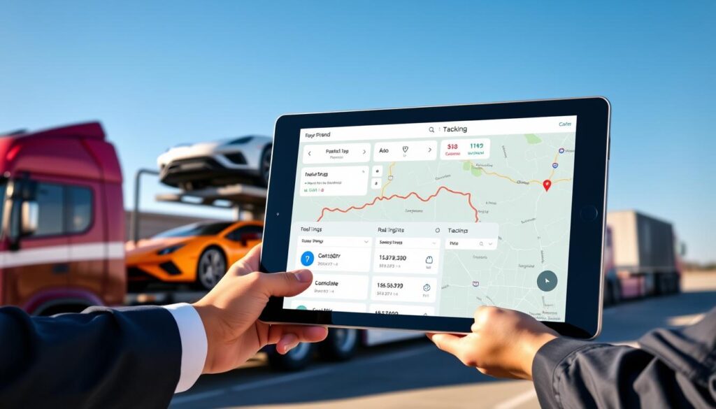 A modern car shipping tracking interface displayed on a sleek tablet held by a professional individual in business attire, standing next to a gleaming auto hauler truck loaded with several luxury vehicles. In the background, a clear blue sky contrasts with the vibrant colors of the cars. The tablet screen should show a user-friendly tracking app with real-time updates, maps, and vehicle locations. Soft sunlight casts gentle reflections on the vehicles, enhancing the technological aspect of auto transport. The setting is outdoors, suggesting a bustling transport hub, exuding a sense of efficiency and reliability in the car shipping process. The overall mood is professional and informative.