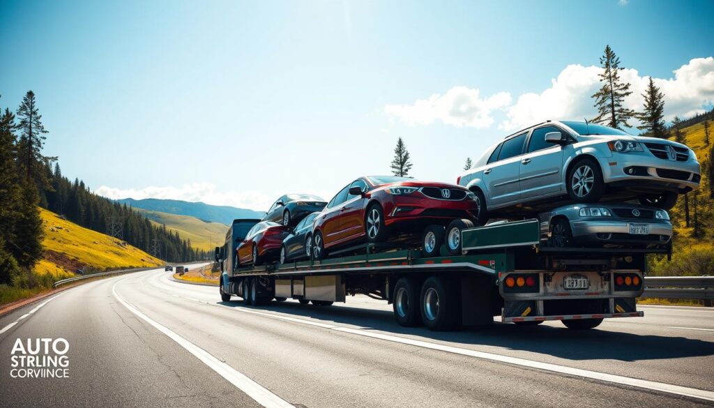 A modern car transport truck loaded with multiple vehicles, showcasing a variety of colorful cars such as sedans, SUVs, and trucks, parked on a sunny highway crossing through the scenic Canadian landscape. In the foreground, the truck is depicted in sharp focus, with polished details highlighting the reflective surfaces of the vehicles it’s carrying. The middle ground features the vibrant green hills and tall pine trees typical of Canada, while a bright blue sky with a few fluffy clouds stretches across the background. The image conveys a sense of reliability and professionalism in auto transport services, with soft, natural lighting highlighting the peace and trustworthiness of the car shipping process. Capture from a slightly low angle to emphasize the size of the transport truck and vehicles, while maintaining a sense of the open road ahead. A modern car transport truck loaded with multiple vehicles, showcasing a variety of colorful cars such as sedans, SUVs, and trucks, parked on a sunny highway crossing through the scenic Canadian landscape. In the foreground, the truck is depicted in sharp focus, with polished details highlighting the reflective surfaces of the vehicles it’s carrying. The middle ground features the vibrant green hills and tall pine trees typical of Canada, while a bright blue sky with a few fluffy clouds stretches across the background. The image conveys a sense of reliability and professionalism in auto transport services, with soft, natural lighting highlighting the peace and trustworthiness of the car shipping process. Capture from a slightly low angle to emphasize the size of the transport truck and vehicles, while maintaining a sense of the open road ahead.