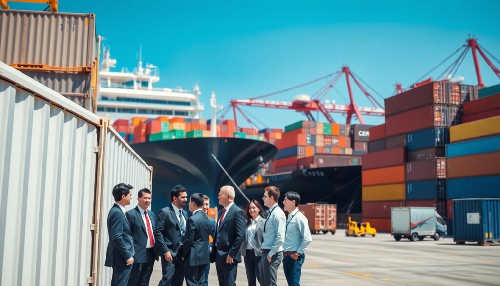 A modern cargo shipping facility, bustling with activity. In the foreground, a diverse group of professionals in smart business attire discuss shipment logistics next to a large cargo container. The middle ground showcases a sleek cargo ship, unloading goods onto a vibrant dock filled with stacked containers of various sizes. The background features a clear blue sky with distant cranes and ships, hinting at a busy port. The lighting is bright and natural, highlighting the efficiency and organization of the shipping process. The overall atmosphere conveys professionalism and reliability, emphasizing the seamless nature of tailored cargo shipping services for various shipment sizes and destinations.