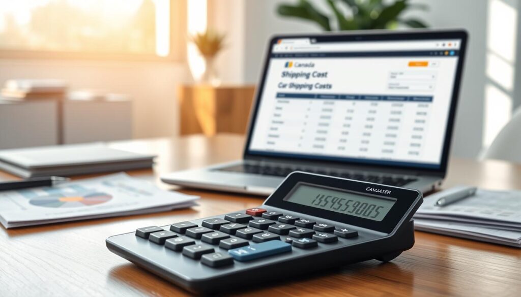 A modern digital calculator displaying a bright and user-friendly interface, prominently featuring a numeric keypad and a clear screen showing sample estimates for car shipping costs. In the foreground, the calculator is positioned on a stylish wooden desk, surrounded by neatly arranged papers, including graphs and charts related to shipping rates. In the middle, a sleek laptop with an open browser window shows a shipping cost calculator web application, illustrating interactive features. The background features a bright, well-lit office environment with soft natural lighting filtering in through a window, creating a professional atmosphere. The mood is efficient and focused, emphasizing the importance of clear and accurate financial calculations for car shipping in Canada.