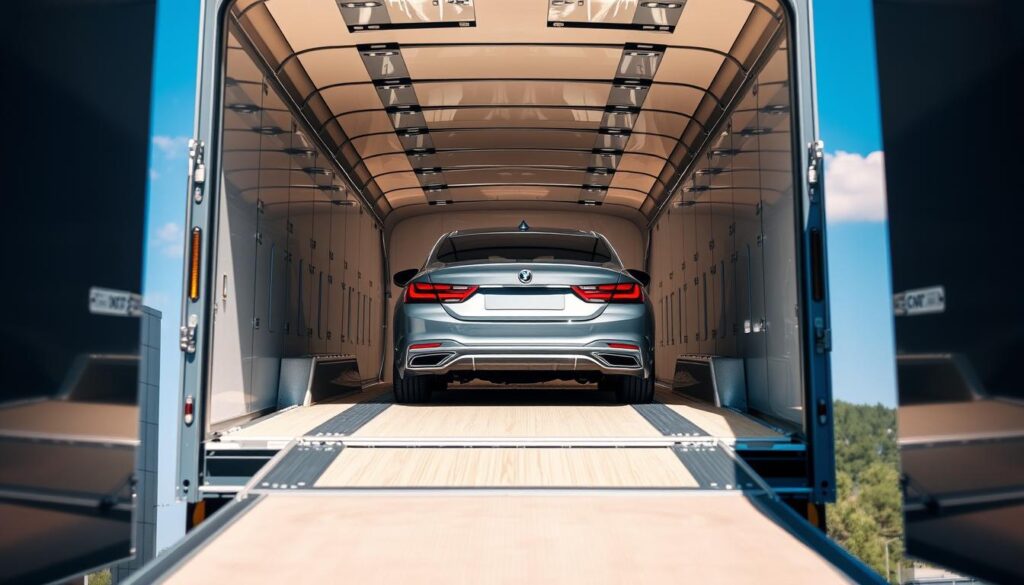 A modern enclosed auto transport vehicle, glossy and streamlined, loading a luxury sedan inside a spacious, secure, and well-lit trailer. In the foreground, focus on the sleek vehicle being driven gently into the trailer, emphasizing the enclosed environment that protects it from the elements. The middle ground features the trailer’s interior, showcasing plush protective padding and sophisticated tie-down mechanisms to secure the vehicle. In the background, a bright blue sky adds a sense of open space and reliability. The lighting is bright and natural, casting soft reflections on the car’s surface, while the angle captures the sophistication of the transport process. The atmosphere is serene and professional, implying safety and care in vehicle shipping.