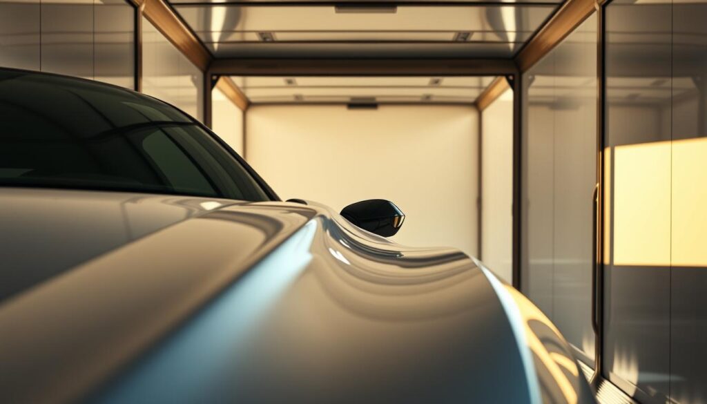 A modern enclosed vehicle, showcasing a sleek, aerodynamic design, parked inside a spacious, well-lit transport trailer. The foreground features the vehicle's shiny surface reflecting soft, natural light, highlighting its curves and details. In the middle, the open trailer reveals its clean interior, with soft gradients of bright white and metallic tones, creating a professional atmosphere. The background includes minimalistic, blurred elements of an outdoor scene, hinting at Canadian landscapes with mountains and trees, creating a sense of protection and safety. The image captures a serene and secure mood, emphasizing the importance of covered transport for vehicles, using a warm color palette and soft focus to evoke reliability and care for automotive transport.