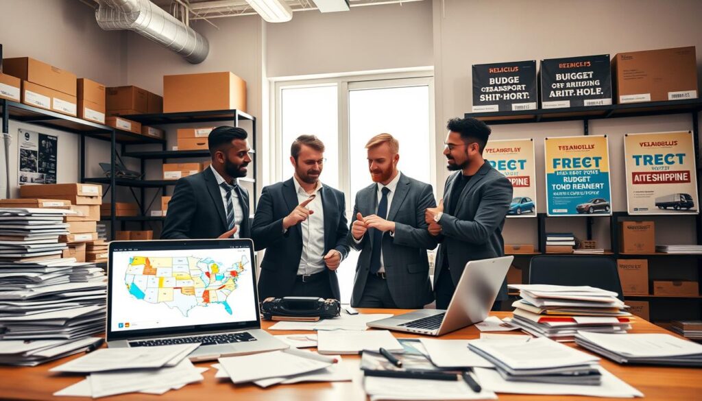 A modern freight shipping office scene, featuring a large desk cluttered with shipping documents, brochures, and a laptop displaying a car shipping company website. In the foreground, a diverse group of three professionals in business attire is discussing shipping options, pointing at a colorful map of the United States with various car shipping routes highlighted. In the middle, an open window allows natural light to fill the room, casting soft shadows. In the background, shelves lined with shipping boxes and promotional posters about budget-friendly auto transport options. The atmosphere is collaborative and focused, hinting at reliability and affordability, with warm lighting that conveys a friendly, inviting mood. Capture this scene with a slight depth of field to draw attention to the foreground conversation.